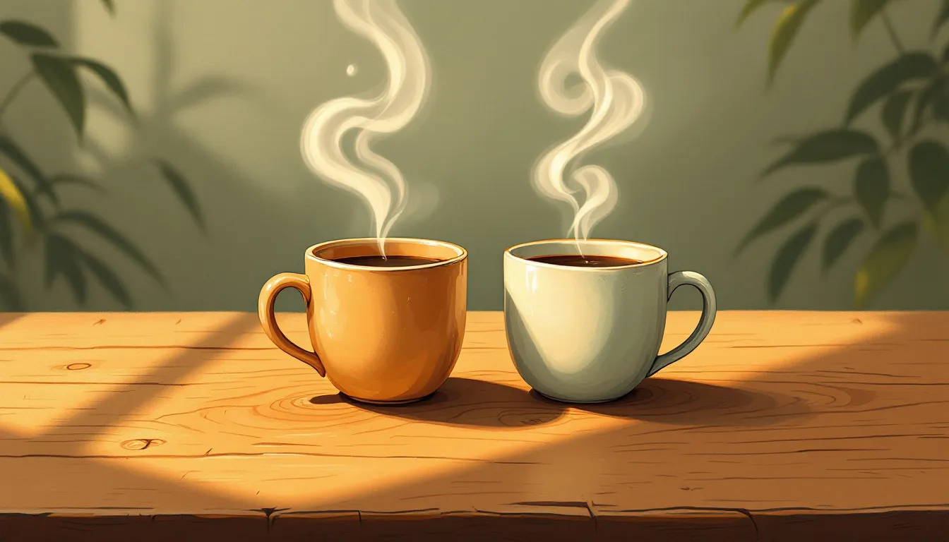 Two mismatched ceramic mugs sit side by side on a worn wooden table, their steam curling together in a single spiral under warm morning light