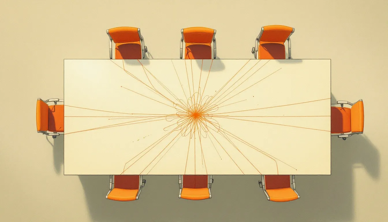 Overhead gouache view of a long office table with empty chairs angled away from each other, connected by thin colored threads pooling unread in the center