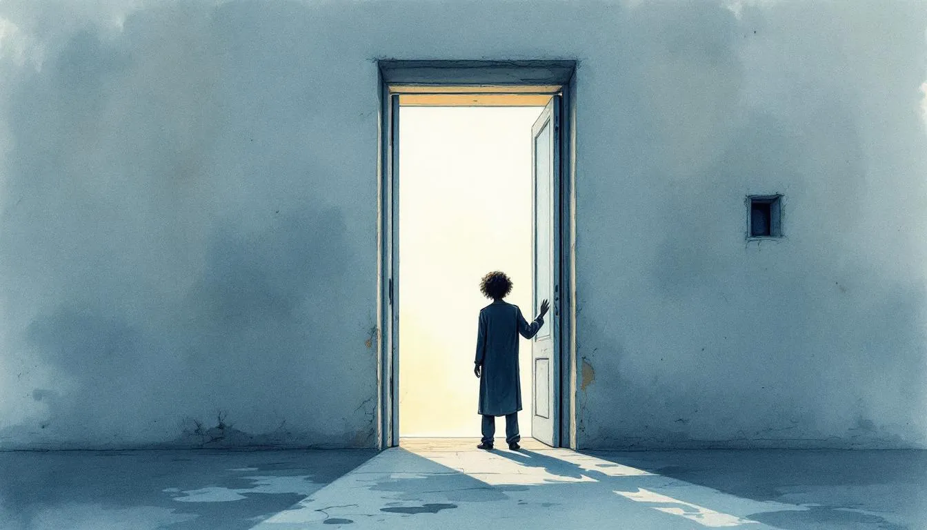 A figure pauses with a hand on an open door, bright light beyond, in a bare blue room