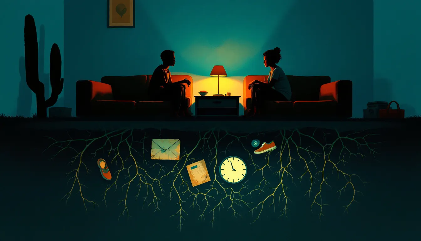 A cross-section gouache illustration of a warm living room with two silhouetted figures on a sofa, the transparent floor revealing glowing roots and buried objects in dark soil below