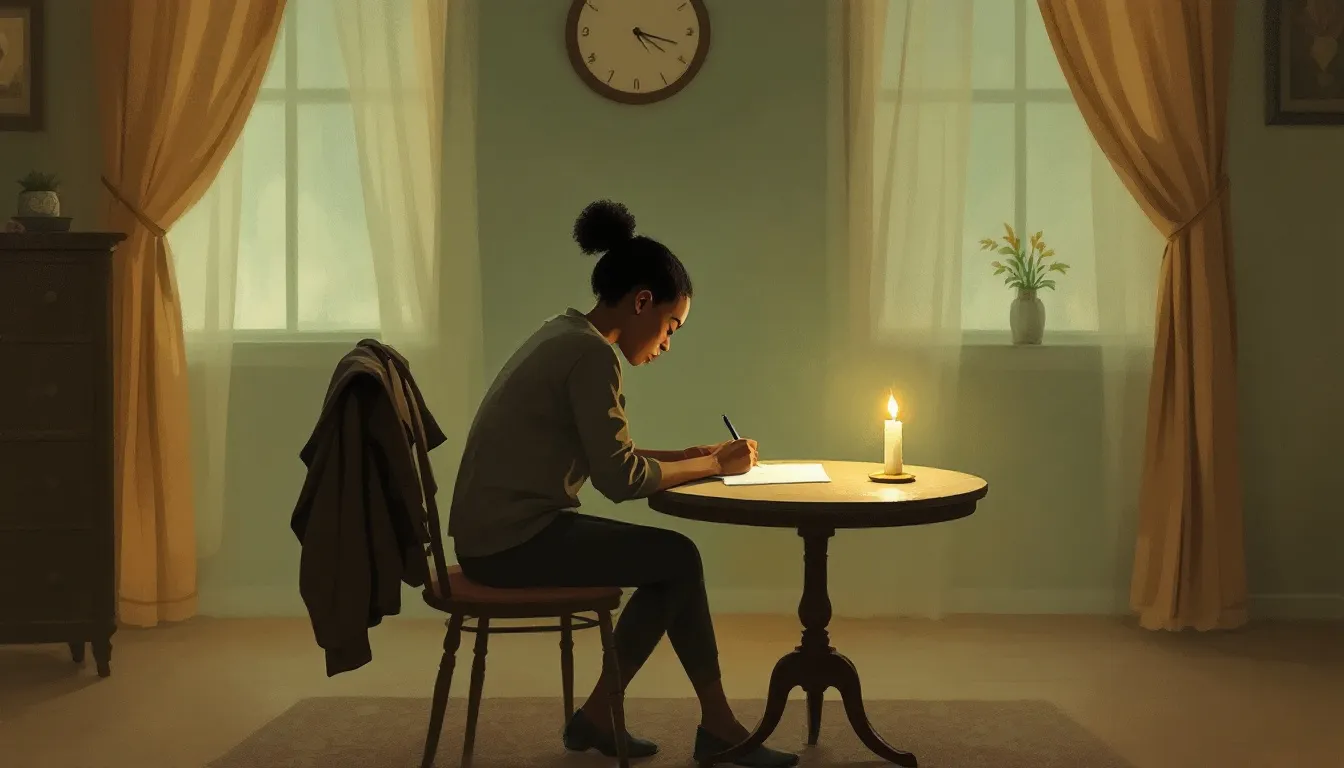 A person with medium-brown skin sits alone at a small round table in warm lamplight, head bowed over a handwritten letter, with an empty chair and folded jacket across from them suggesting an absent presence