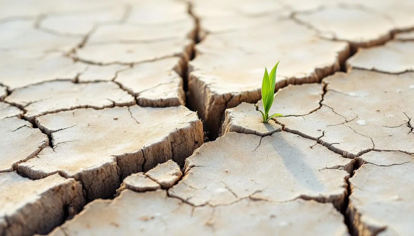 A small green sprout emerging from a crack in pale, sun-baked cracked earth