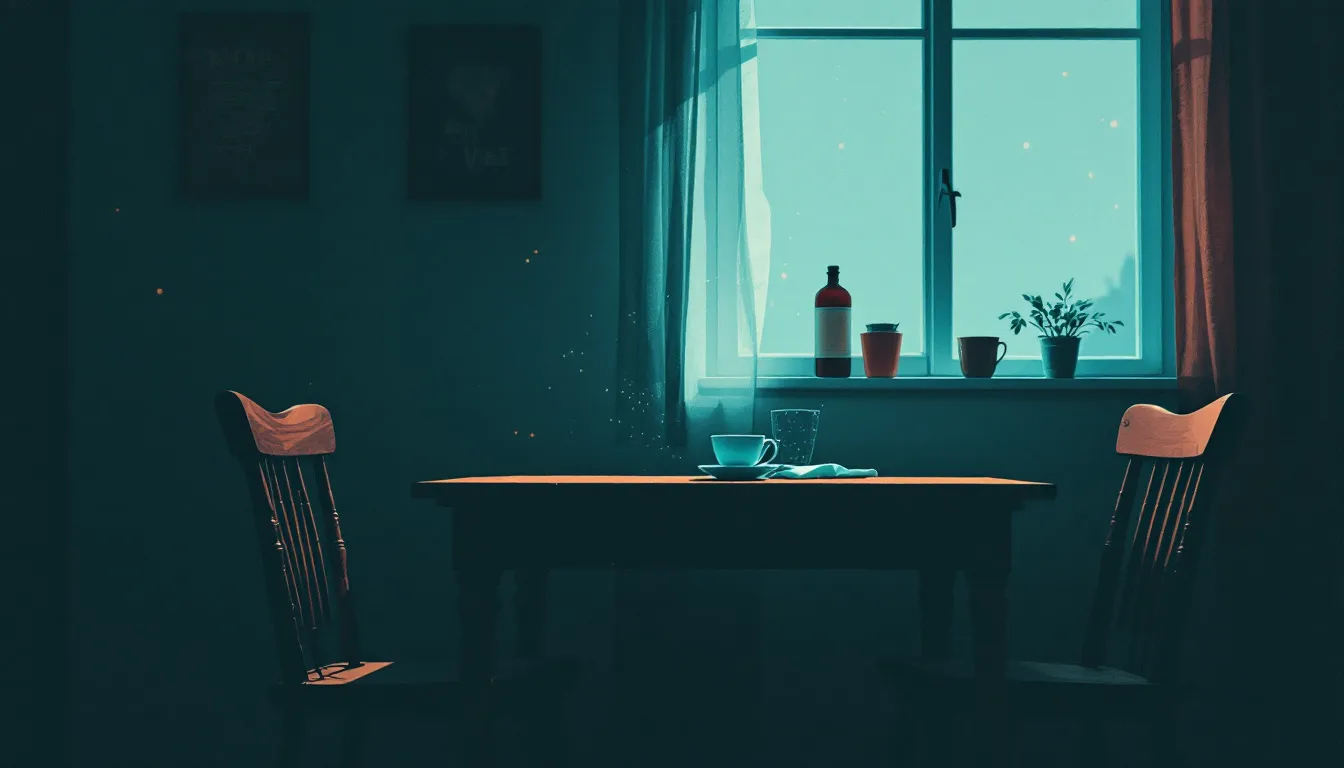 A risograph-style illustration of a dimly lit kitchen at evening, two empty chairs pulled slightly apart from a wooden dinner table, a cold cup of tea and folded napkin resting between them in warm terracotta and dusty teal tones