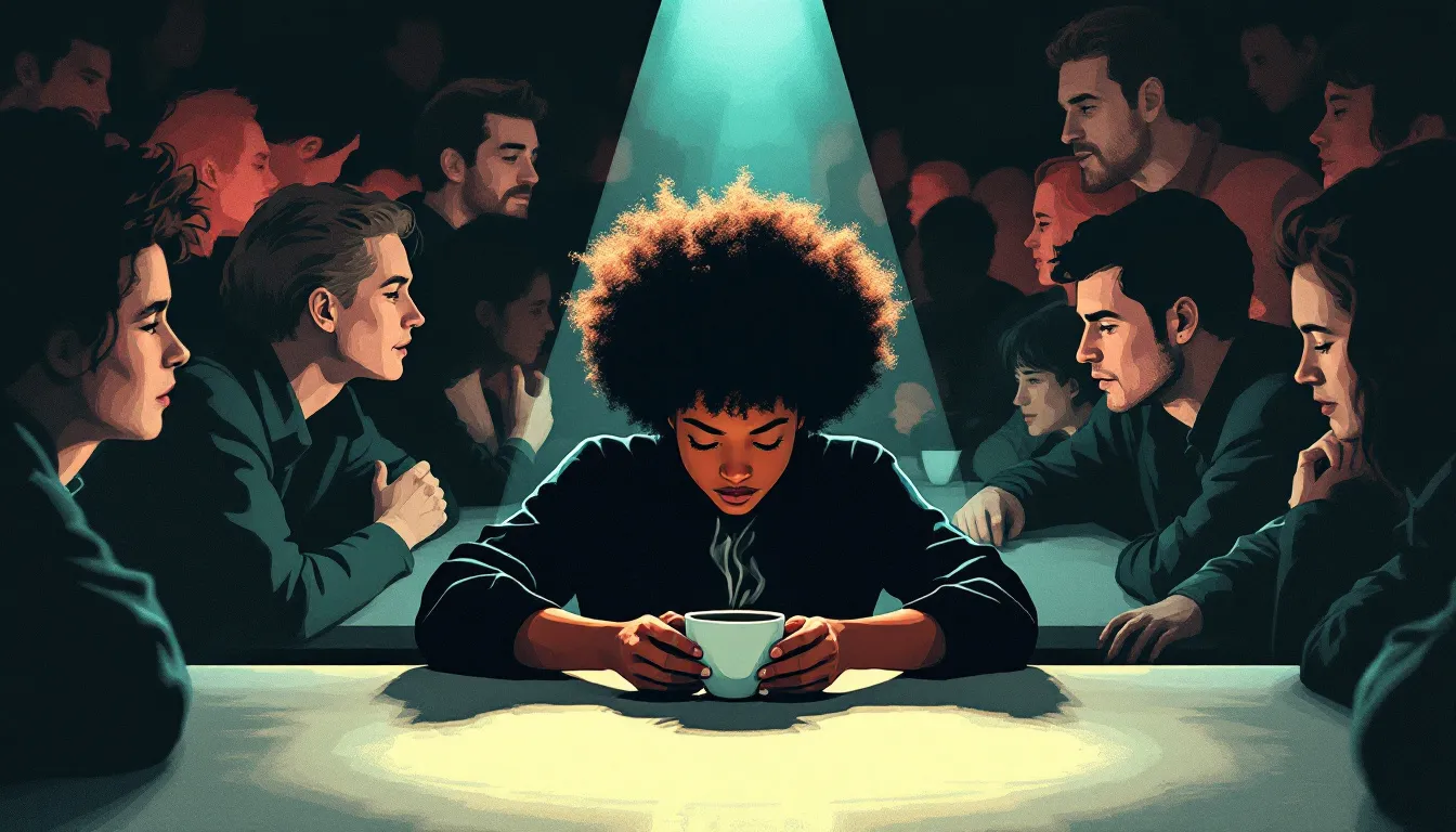 A brown-skinned person sits alone at the edge of a crowded coffee shop table, cradling a cup and gazing at rising steam, while blurred figures in coral and sage green converse around them in a risograph illustration style