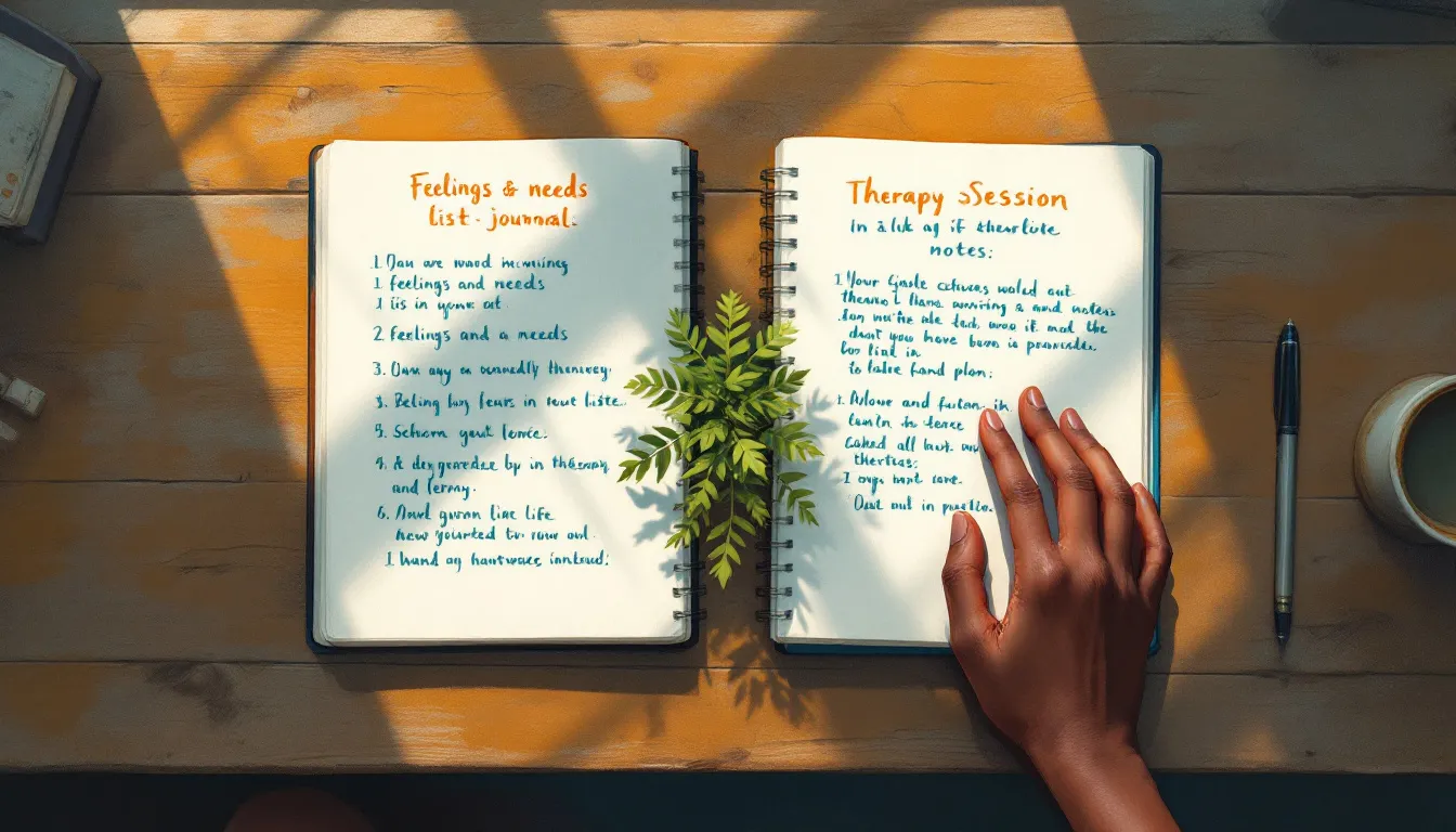 Overhead gouache illustration of two open journals side by side on a wooden desk, one with amber handwritten notes and one with blue therapy notes, a small fern between them, a medium-dark brown skin hand resting on one journal, soft afternoon light across both pages