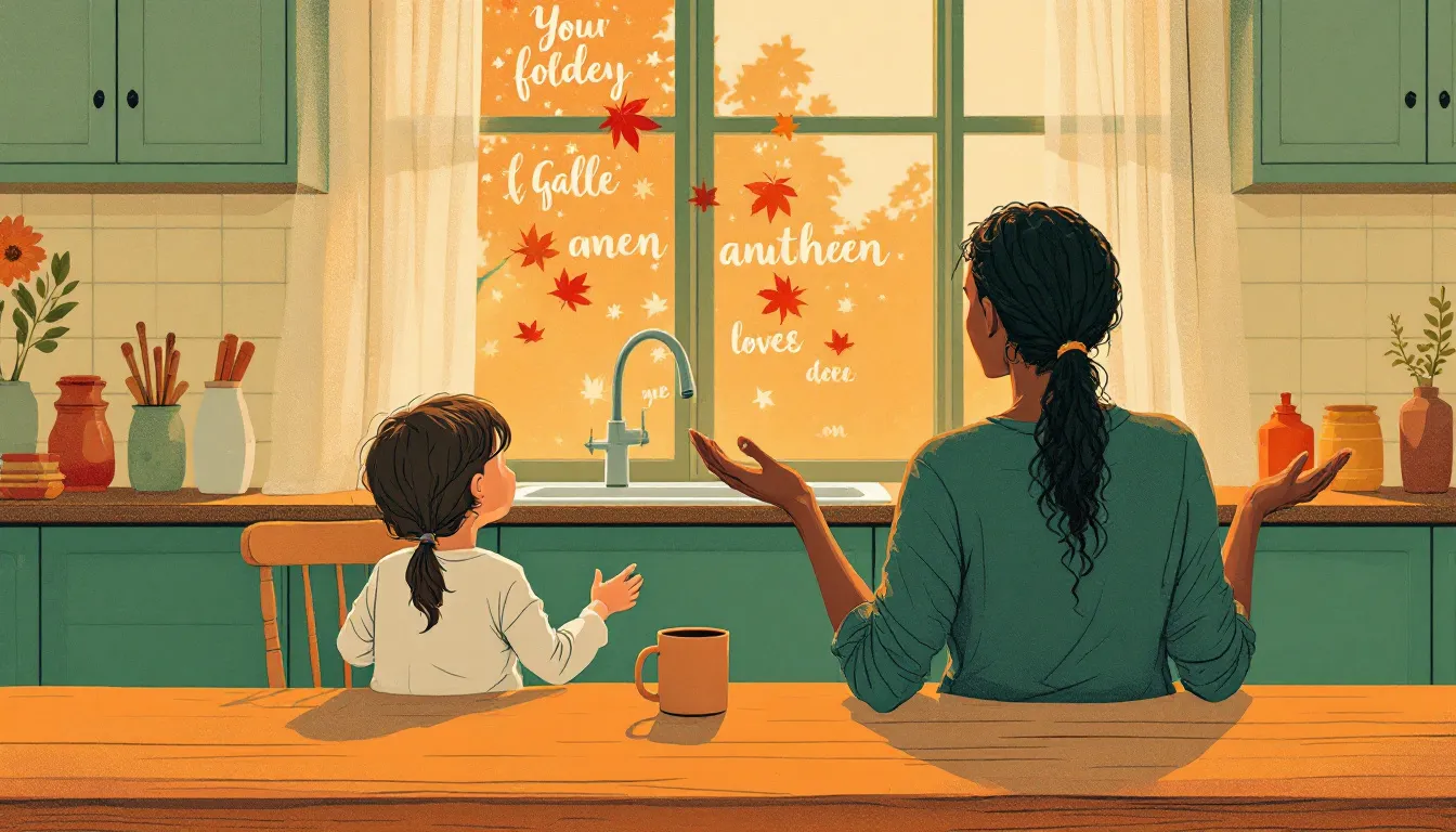 A parent with medium-brown skin sits with open hands at a kitchen table while paper-cut words drift upward like leaves between them and a child holding a clay mug, dissolving in amber afternoon light