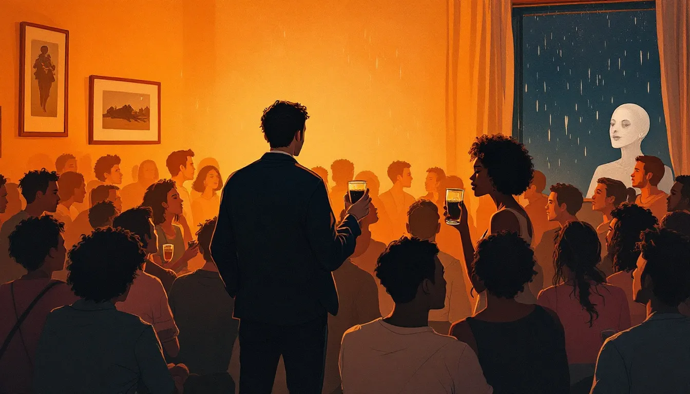 A gouache illustration of a figure with medium-brown skin standing apart near a rain-streaked window at a party, holding a drink while the warm amber glow of a crowded room fills the background behind them