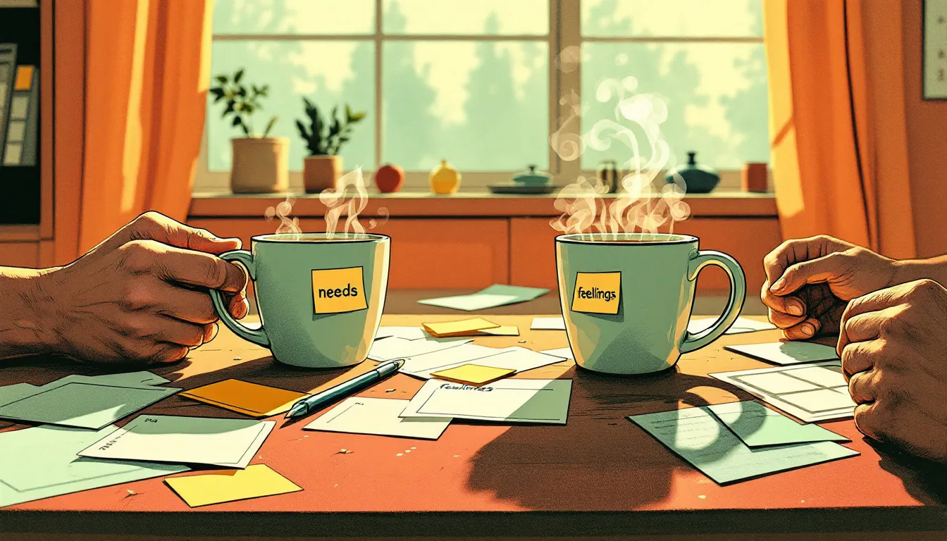 Risograph illustration of two coffee mugs on a cluttered kitchen table with sticky notes and a shared calendar, hands in shadow resting nearby, warm terracotta and sage green tones