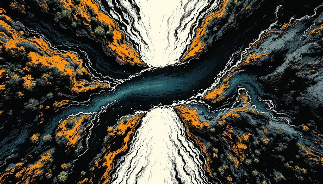 Aerial view of two rivers converging, dark water between orange-flecked rocky banks