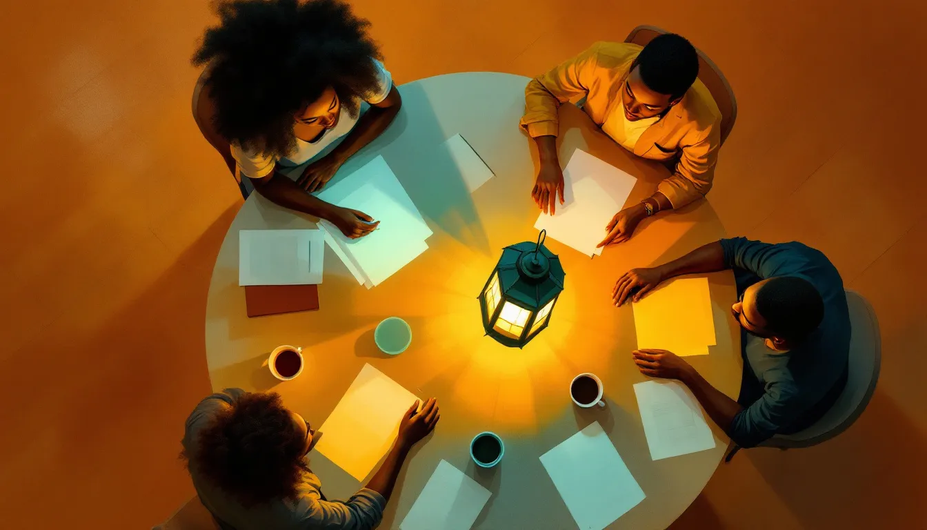 Overhead gouache illustration of four people with medium-brown and deep-brown skin tones seated around a round meeting table, each with a glowing lantern in a different color floating above them, casting overlapping pools of soft colored light across papers and coffee cups