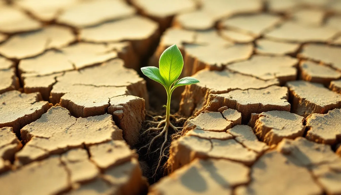 A bright green seedling with exposed roots rising from a crack in dry cracked soil
