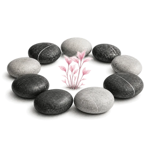 Nine stones, dark and pale alternating, arranged in a ring around a cluster of pink shoots growing at the centre.