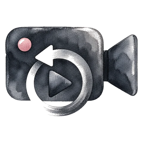 A video camera symbol with a replay arrow curving around its play button.