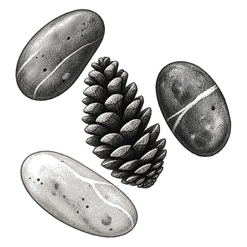 A pine cone resting among three stones, dark and pale, in an open arrangement.