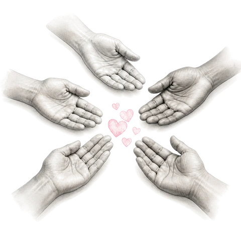 Five open hands arranged in a ring, palms up, with small pink hearts floating at the centre.