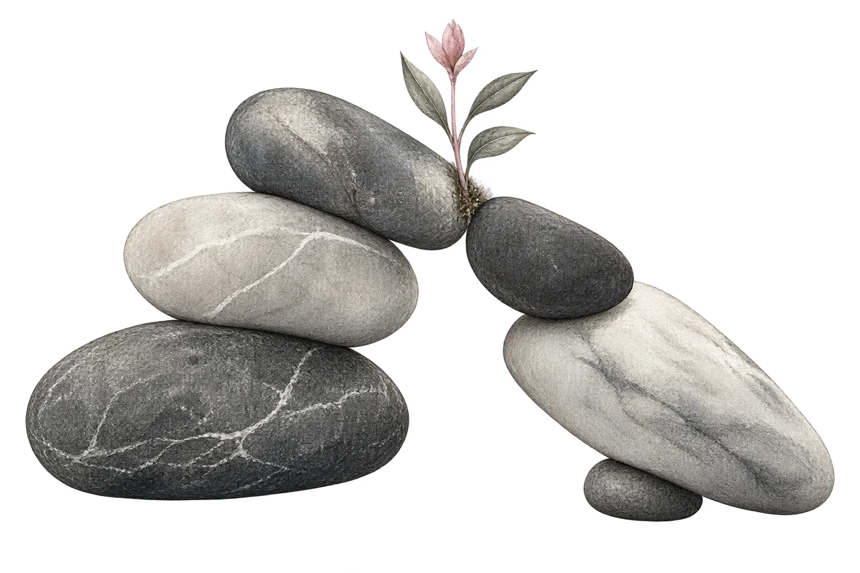 Two stacks of smooth stones, dark and pale, leaning toward each other with a small pink flowering shoot rising where they meet.