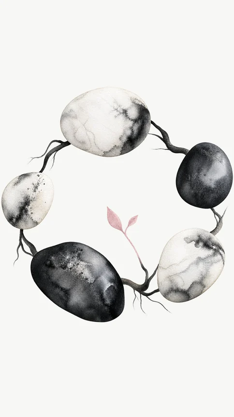 Five stones, dark and pale, arranged in a ring and joined by fine roots, with one small pink shoot growing at the centre.