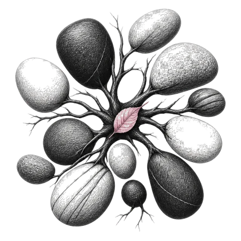 Many pale and dark stones radiating outward from a small pink leaf at the centre, joined by fine roots.