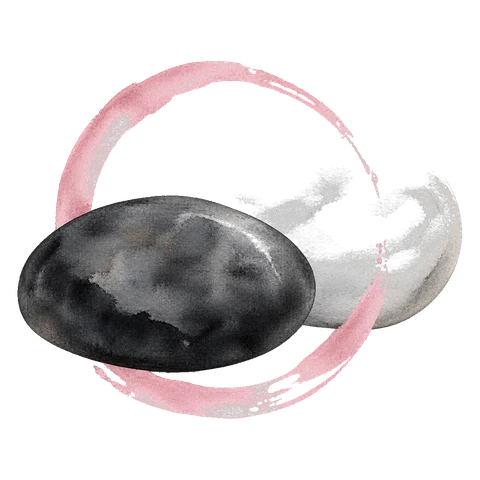 A dark stone and a pale stone together inside a soft pink ring.