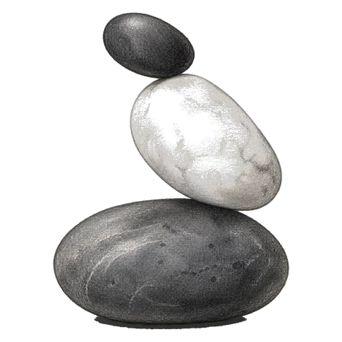 Three stones balanced one on another, dark and pale alternating, held in a steady stack.
