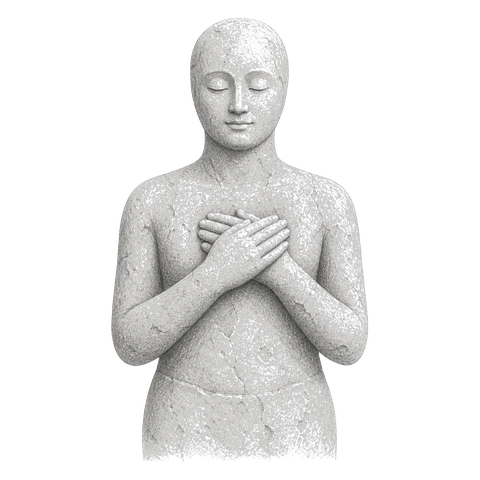 A weathered stone statue of a human figure, both hands resting over the centre of its chest.