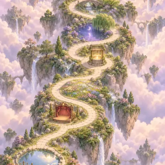 A watercolor map of a winding path through seven stations on floating islands among the clouds.