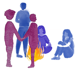 A watercolor circle of people gathered around a fire