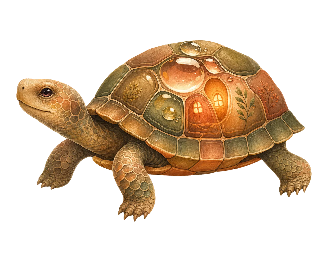 A turtle carrying a glowing home on its back — the year-long journey