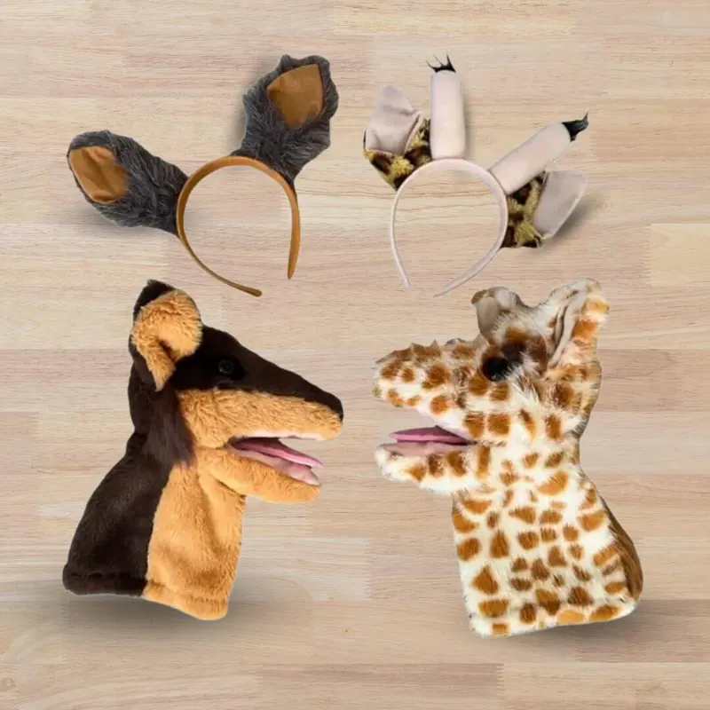 NVC Giraffe and Jackal puppets with ear headbands